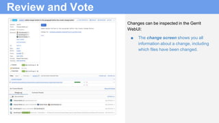 Review and Vote
Changes can be inspected in the Gerrit
WebUI:
■ The change screen shows you all
information about a change...