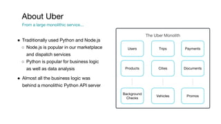 ● Traditionally used Python and Node.js
○ Node.js is popular in our marketplace
and dispatch services
○ Python is popular for business logic
as well as data analysis
● Almost all the business logic was
behind a monolithic Python API server
About Uber
From a large monolithic service...
The Uber Monolith
Users
Products
Background
Checks
Trips
Cities
Vehicles
Payments
Documents
Promos
 