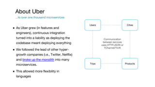 ● As Uber grew (in features and
engineers), continuous integration
turned into a liability as deploying the
codebase meant deploying everything
● We followed the lead of other hyper-
growth companies (i.e., Twitter, Netflix)
and broke up the monolith into many
microservices.
● This allowed more flexibility in
languages
About Uber
...to over one thousand microservices
Users
ProductsTrips
Cities
Communication
between services
uses HTTP/JSON or
TChannel/Thrift
 