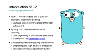 ● In 2014, Aiden Scandella, one of our early
engineers, experimented with Go
○ Deployed a sandbox marketplace for the Uber
External API
● By early 2015, Go was used across the
company,
○ Data Engineering: A cross-cluster query cache
○ Marketplace: The Geofences service
● Go was selected for the following characteristics:
○ Simple language, high developer productivity
○ Strong concurrency and parallelism built in
Introduction of Go
Cross-language microservices
 