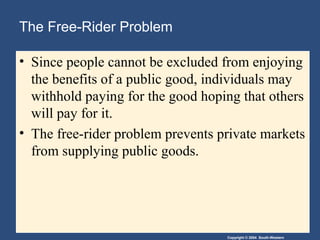 Copyright © 2004 South-Western
The Free-Rider Problem
• Since people cannot be excluded from enjoying
the benefits of a public good, individuals may
withhold paying for the good hoping that others
will pay for it.
• The free-rider problem prevents private markets
from supplying public goods.
 