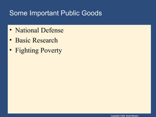 Copyright © 2004 South-Western
Some Important Public Goods
• National Defense
• Basic Research
• Fighting Poverty
 
