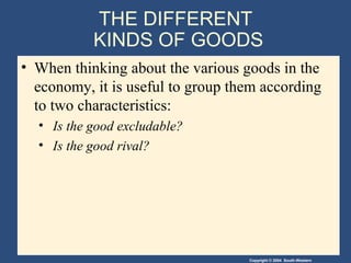 Copyright © 2004 South-Western
THE DIFFERENT
KINDS OF GOODS
• When thinking about the various goods in the
economy, it is useful to group them according
to two characteristics:
• Is the good excludable?
• Is the good rival?
 