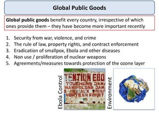 Global Public Goods
Global public goods benefit every country, irrespective of which
ones provide them – they have become more important recently
1. Security from war, violence, and crime
2. The rule of law, property rights, and contract enforcement
3. Eradication of smallpox, Ebola and other diseases
4. Non use / proliferation of nuclear weapons
5. Agreements/measures towards protection of the ozone layer
EbolaControl
Environment
 