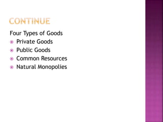 Four Types of Goods
 Private Goods
 Public Goods
 Common Resources
 Natural Monopolies
 
