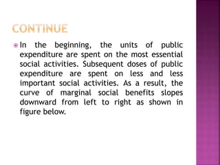  In the beginning, the units of public
expenditure are spent on the most essential
social activities. Subsequent doses of public
expenditure are spent on less and less
important social activities. As a result, the
curve of marginal social benefits slopes
downward from left to right as shown in
figure below.
 