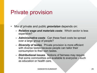 Private provision
• Mix of private and public provision depends on:
– Relative wage and materials costs: Which sector is less
expensive?
– Administrative costs: Can these fixed costs be spread
over a large group of people?
– Diversity of tastes. Private provision is more efficient
with diverse tastes because people can tailor their
consumption to their own tastes.
– Distributional issues. Notions of fairness may require
that some commodities are available to everyone – such
as education or health care.
25KANHAIYA KUMAWAT
 