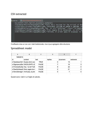 CSV extracted
 
 
Il software crea un csv con i dati tradizionale, ma si puo agregare oltre structura. 
Spreadsheet model
 
Questi sono i dati in un foglio di calcolo. 
 
 
 
 
 
 
 
 
 
 
 
 