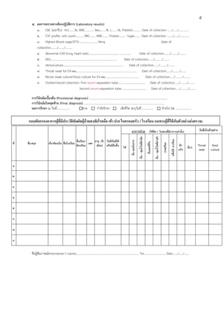 5
          5. ผลการตรวจทางห้องปฏิบัติการ (Laboratory results)
             1. CBC (แรกรับ): Hct……..%, WBC..…..….. Neu..…...%. L.…....%, Platelet………… Date of collection ……/……/….……....
             2. CSF profile: cell count……….. RBC…….. WBC.….… Protein………. Sugar……... Date of collection ……../……/….………
             3. Highest Blood sugar/DTX………..................%mg                                                  Date of
             collection………/…..…/………
             4. Abnormal CXR (lung, heart size)……………………………………. …………...                          Date of collection……../.………/………
             5. EKG…………………………………………………………………………………                           Date of collection……./.………/………
             6. Hemoculture………………………………………………………………………… Date of collection….…/.………/……...
             7. Throat swab for EV-71…………………….……… ……........................................... Date of collection….…/.………/…….
             8. Rectal swab culture/Stool culture for EV-71….…………………………………….. Date of collection……/.………/………
             9. Clotted blood collection: First serum-separation tube…..…………………………… Date of collection……/.………/………
                                          Second serum-separation tube…..………………………… Date of collection……/.………/………

          การวินิจฉัยเบื้องต้น (Provisional diagnosis) ..……………………………………………………………………………………………..
          การวินิจฉัยโรคสุดท้าย (Final diagnosis) …..……………………………………………………………………………………………..
          ผลการรักษา ณ วันที่………………              หาย        กําลังรักษา เสียชีวิต ระบุวันที่…………….. ย้ายไป รพ. …………………

       แบบคัดกรองอาการผูที่มีประวัติสัมผัสผูปวยสงสัยโรคมือ เทา ปาก ในครอบครัว / โรงเรียน (เฉพาะผูที่ไดเก็บตัวอยางสงตรวจ)
                                                                                                           อาการป่วย (ให้ขีด / ในช่องที่มอาการเท่านั้น)
                                                                                                                                         ี                                                                                                       วันที่เก็บตัวอย่าง




                                                                                                                                                                     ผื่น – ตุมน้ําใสที่ผ่าเท้า
                                                       ชั้นเรียน/     อายุ (ปี- วันที่เริ่มมีไข้                         ผื่น – ตุมน้ําใสที่ผ่ามือ




                                                                                                                                                                                                             คลื่นไส้ -อาเจียน
                                                                                                         ผื่น แผลในปาก

ที่   ชื่อ-สกุล          เกี่ยวข้องเป็น ชื่อโรงเรียน              เพศ
                                                                                                                                                     ผื่นแผลที่ก้น



                                                                                                                                                                                                  ปวดศรีษะ
                                                       ห้องเรียน       เดือน) หรือมีผื่นขึ้น                                                                                                                                      ชัก            Throat      Stool
                                                                                                   ไข้                                                                                                                                   อื่นๆ
                                                                                                                                                                                                                                 เกร็ง            swab      culture
                                                                                                                                  ่



                                                                                                                                                                              ่

1

2

3

4

5

6

7

8


          ชื่อผู้สัมภาษณ์(interviewer’s name)...................................................................................... Tel………………………… Date……./……/…….
 