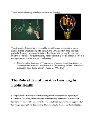Transformative Learning Issues Transformative Learning & it’s Role in Public Health | DOCX