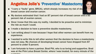 ‘Preventive’ Mastectomy
■ “I carry a “faulty” gene, BRCA1, which sharply increases my risk of developing
breast cancer and ovarian cancer.
■ My doctors estimated that I had an 87 percent risk of breast cancer and a 50
percent risk of ovarian cancer,
■ Once I knew that this was my reality, I decided to be proactive and to minimize
the risk as much I could.
■ I made a decision to have a preventive double mastectomy.
■ I am writing about it now because I hope that other women can benefit from my
experience.
■ I wanted to write this to tell other women that the decision to have a mastectomy
was not easy. My chances of developing breast cancer have dropped from 87
percent to under 5 percent.
■ I am fortunate to have a partner, Brad Pitt, who is so loving and supportive. Brad
was at the Pink Lotus Breast Center, where I was treated, for every minute of the
 