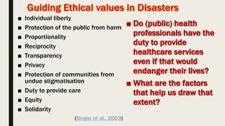■ Individual liberty
■ Protection of the public from harm
■ Proportionality
■ Reciprocity
■ Transparency
■ Privacy
■ Protection of communities from
undue stigmatisation
■ Duty to provide care
■ Equity
■ Solidarity
(Singer et al., 2003)
■ Do (public) health
professionals have the
duty to provide
healthcare services
even if that would
endanger their lives?
■ What are the factors
that help us draw that
extent?
 