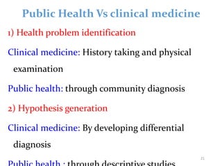 Public Health Vs clinical medicine
1) Health problem identification
Clinical medicine: History taking and physical
examination
Public health: through community diagnosis
2) Hypothesis generation
Clinical medicine: By developing differential
diagnosis
21
 