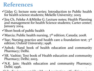 References
Giday G; lecture note series; Introduction to Public health
for health science students; Mekelle University; 2005
Jira Ch, Feleke A &Mitike G; Lecture notes; Health Planning
and management for health Science students; Carter center;
January 2004.
Short book of public health
Marcia; Public health nursing, 7th edition; Canada; 2008.
Sue; Nursing practice and health care a foundation text; 3rd
edition; Oxford University; 1998.
Ashok; Hand book of health education and community
Pharmacy; Delhi.
SR. Vashist; Text book of Health education and community
Pharmacy; Delhi; 2003.
N.K. Jain: Health education and community Pharmacy;
Delhi; 1996. 5
 