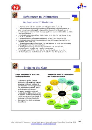 143Indian Public Health IT Assessment - National Health Systems Resource Centre and Taurus Glocal Consulting – 2011
www.nhsrcindia.org, www.taurusglocal.com
© 2005 Dr Pankaj Gupta | Slide 2 ICMIT 27 Feb 05- 01 Mar 0528 Feb 05
References to Informatics
 1. Approach to the 12th Five year Plan, para 9.23, page 121. 9.41, pg.125
 2. Background Paper for Steering Committee on Health for the 12th Five Year Plan- pg 3,
para 4.7, pg 6, para V.2.,4, pg 9, and pages 18 to 20 paras 49 to 58., pg 21 para V.
 3. HLEG Report on Universal Health Coverage: pg 38 para recommendation 3.6.3. pg 263 to
265, recommendation 5
 4. Working Group on National Rural Health Mission in the 12th Five Year Plan pg. 36 para
5.14, Pg 83, para 9 to 11,
 5. Working Group on Communicable diseases pg. 78 para 6. Pg 134,139,pg 209,
 6. Working Group on Tertiary Care Institutions for the 12th Five year Plan. Pg 57 to 64,
chapter 6, ICT in health care,
 7. Working Group on AIDS control in the 12th Five Year Plan, Pg 35- 36 para 4.7 Strategy
5.Strategic Information Management Systems
 8. Working Group on Drugs and Food Regulation for the 12th Five Year Plan,
Recommendation : Drugs A.12 & Food D.iv E-governance.
 9. Working Group on AYUSH in the 12th Five Year Plan Pg 19, para 5m pg 34,
 10. Working Group on Health Research in the 12th Five Year Plan Pg 21, para vii,
Key Inputs to the 12th Plan Process
© 2005 Dr Pankaj Gupta | Slide 3 ICMIT 27 Feb 05- 01 Mar 0528 Feb 05
Vision statements in HLEG and
Background notes
 Overarching goal is a health
information network that links all
service providers in public and
private sector and also generates
the aggregate figures for policy
and management decision
 A system based on universal
registration and biometrics which
is dynamic health record of every
citizen, portable and accessible to
service providers and patients
 Generates the alerts for disease
surveillance
Immediate needs as Identified in
working group papers
Bridging the Gap
Need to
Integrate
Births and
Deaths
Service
Delivery data
from HMIS
National
Disease/
Program
Monitoring
Disease
Surveillance
Epidemiology
GIS
Nutrition
Surveillance
Emergency
Response
Support
Public
Information
HR and
Financial
Management
Hospital
Information
Systems,
EMR, PHR
Medical
Education
and
Research
Regulatory
Support
 