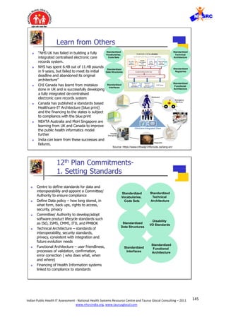 145Indian Public Health IT Assessment - National Health Systems Resource Centre and Taurus Glocal Consulting – 2011
www.nhsrcindia.org, www.taurusglocal.com
© 2005 Dr Pankaj Gupta | Slide 6 ICMIT 27 Feb 05- 01 Mar 0528 Feb 05
Learn from Others
 “NHS UK has failed in building a fully
integrated centralised electronic care
records system.
 NHS has spent 6.4B out of 11.4B pounds
in 9 years, but failed to meet its initial
deadline and abandoned its original
architecture”
 CHI Canada has learnt from mistakes
done in UK and is successfully developing
a fully integrated de-centralised
electronic care records system
 Canada has published a standards based
Healthcare-IT Architecture [blue print]
and the financing to the states is subject
to compliance with the blue print
 NEHTA Australia and MoH Singapore are
learning from UK and Canada to improve
the public health informatics model
further
 India can learn from these successes and
failures.
•INTEGRATED VIEW
Clinicians Integrated View
Diagnostic
Hospital
Emergency
Homecare
Emergency
Services
EHR SOLUTION (EHRS)
EHR INFOSTRUCTURE (EHRi)
EHR Viewer
Point of
Service
Application
Point of
Service
Application
Ancillary
Data &
Services
Health
Information
Data
Warehouse
EHR
Data &
Services
Registries
Data &
Services
LongitudinalRecord Services
Health Information AccessLayer
Standardized
Technical
Architecture
Standardized
Interfaces
Standardized
Data Structures
Standardized
Vocabularies,
Code Sets
Standardized
Functional
Architecture
Standardized
Registries
Source: https://www.infoway-inforoute.ca/lang-en/
© 2005 Dr Pankaj Gupta | Slide 7 ICMIT 27 Feb 05- 01 Mar 0528 Feb 05
12th Plan Commitments-
1. Setting Standards
 Centre to define standards for data and
interoperability and appoint a Committee/
Authority to ensure compliance
 Define Data policy – how long stored, in
what form, back ups, rights to access,
security, privacy
 Committee/ Authority to develop/adopt
software product lifecycle standards such
as ISO, ISMS, CMMI, ITIL and PMBOK
 Technical Architecture – standards of
interoperability, security standards,
privacy, consistent with integration and
future evolution needs
 Functional Architecture – user friendliness,
processes of validation, confirmation,
error correction ( who does what, when
and where)
 Financing of Health Information systems
linked to compliance to standards
Standardized
Technical
Architecture
Standardized
Interfaces
Standardized
Data Structures
Standardized
Vocabularies,
Code Sets
Standardized
Functional
Architecture
Disability
I/O Standards
 