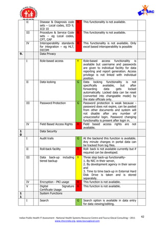 42Indian Public Health IT Assessment - National Health Systems Resource Centre and Taurus Glocal Consulting – 2011
www.nhsrcindia.org, www.taurusglocal.com
II Disease & Diagnosis code
sets – Local codes, ICD 9,
ICD 10
R This functionality is not available.
III Procedure & Service Code
sets – eg Local codes,
CPT, CAP
R This functionality is not available.
IV Interoperability standards
for integration – eg HL7,
DICOM
R This functionality is not available. Only
excel based interoperability is possible
9. Data Privacy
I Role-based access Y Role-based access functionality is
available but username and passwords
are given to individual facility for data
reporting and report generation. Access
privilege is not linked with individual
position.
II Data locking G Data locking functionality is not
specifically available, but after
forwarding data gets locked
automatically. Locked data can be reset
(converted into changeable mode) by
the state officials only.
III Password Protection G Password protection is weak because -
password does not expire, can be pasted
from other documents and system will
not disable after any number of
unsuccessful login. Password changing
functionality is present after login in.
IV Field Based Access Rights R Field based access rights are not
available.
1
0
Data Security
I Audit trails G At the backend this function is available.
Any minute changes in portal data can
be tracked from log files.
II Roll-back facility R Roll- back is not available currently but if
required can be developed.
III Data back-up including
tiered backup
Y Three step back-up functionality-
1. By NIC in their server,
2. By development agency in their server
and
3. Time to time back-up in External Hard
Disk Drive is taken and is stored
separately.
IV Encryption - PKI usage R This function is not available.
V Digital Signature
Certificate Usage
R This function is not available.
1
1
System Functions
I Search G Search option is available in data entry
for data viewing/editing.
 