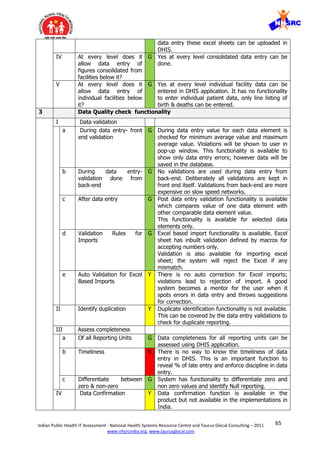 65Indian Public Health IT Assessment - National Health Systems Resource Centre and Taurus Glocal Consulting – 2011
www.nhsrcindia.org, www.taurusglocal.com
data entry these excel sheets can be uploaded in
DHIS.
IV At every level does it
allow data entry of
figures consolidated from
facilities below it?
G Yes at every level consolidated data entry can be
done.
V At every level does it
allow data entry of
individual facilities below
it?
G Yes at every level individual facility data can be
entered in DHIS application. It has no functionality
to enter individual patient data, only line listing of
birth & deaths can be entered.
3 Data Quality check functionality
I Data validation
a During data entry- front
end validation
G During data entry value for each data element is
checked for minimum average value and maximum
average value. Violations will be shown to user in
pop-up window. This functionality is available to
show only data entry errors; however data will be
saved in the database.
b During data entry-
validation done from
back-end
G No validations are used during data entry from
back-end. Deliberately all validations are kept in
front end itself. Validations from back-end are more
expensive on slow speed networks.
c After data entry G Post data entry validation functionality is available
which compares value of one data element with
other comparable data element value.
This functionality is available for selected data
elements only.
d Validation Rules for
Imports
G Excel based import functionality is available. Excel
sheet has inbuilt validation defined by macros for
accepting numbers only.
Validation is also available for importing excel
sheet; the system will reject the Excel if any
mismatch.
e Auto Validation for Excel
Based Imports
Y There is no auto correction for Excel imports;
violations lead to rejection of import. A good
system becomes a mentor for the user when it
spots errors in data entry and throws suggestions
for correction.
II Identify duplication Y Duplicate identification functionality is not available.
This can be covered by the data entry validations to
check for duplicate reporting.
III Assess completeness
a Of all Reporting Units G Data completeness for all reporting units can be
assessed using DHIS application.
b Timeliness R There is no way to know the timeliness of data
entry in DHIS. This is an important function to
reveal % of late entry and enforce discipline in data
entry.
c Differentiate between
zero & non-zero
G System has functionality to differentiate zero and
non zero values and identify Null reporting.
IV Data Confirmation Y Data confirmation function is available in the
product but not available in the implementations in
India.
 