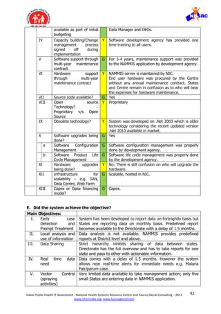 82Indian Public Health IT Assessment - National Health Systems Resource Centre and Taurus Glocal Consulting – 2011
www.nhsrcindia.org, www.taurusglocal.com
available as part of initial
budgeting
Data Manager and DEOs.
IV Capacity building/Change
management process
signed off during
implementation
Y Software development agency has provided one
time training to all users.
V Software support through
multi-year maintenance
contract
G For 3-4 years, maintenance support was provided
to the NAMMIS application by development agency.
VI Hardware support
through multi-year
maintenance contract
Y NAMMIS server is maintained by NIC.
End user hardware was procured by the Centre
without any annual maintenance contract. States
and Centre remain in confusion as to who will bear
the expenses for hardware maintenance.
VII Source code available? G Yes
VIII Open source
Technology? –
Proprietary v/s Open
Source
Y Proprietary
IX Obsolete technology? Y System was developed on .Net 2003 which is older
technology considering the recent updated version
.Net 2010 available in market.
X Software upgrades being
done?
G Yes
a Software Configuration
Management
G Software configuration management was properly
done by development agency.
b Software Product Life
Cycle Management
G Software life cycle management was properly done
by the development agency.
XI Hardware upgrades
being done?
Y No. There is still confusion on who will upgrade the
hardware.
XII Infrastructure for
scalability – e.g. SAN,
Data Centre, Web Farm
G Scalable, hosted in NIC.
XIII Capex or Opex financing
model?
G Capex.
E. Did the system achieve the objective?
Main Objectives:
I. Early case
Detection and
Prompt Treatment
System has been developed to report data on fortnightly basis but
States are reporting data on monthly basis. Predefined report
becomes available to the Directorate with a delay of 1.5 months.
II. Local analysis and
use of information
Data analysis is not available. NAMMIS provides predefined
reports at District level and above.
III. Data Sharing Strict hierarchy inhibits sharing of data between states.
Directorate has the full overview and has to take reports for one
state and pass to other with actionable information.
IV. Real time data
need
Data comes with a delay of 1.5 months. However the system
allows near real-time alerts for immediate needs e.g. Malaria
Falciparum case.
V. Vector Control
(spraying
activities)
Very limited data available to take management action; only five
small States are entering data in NAMMIS application.
 