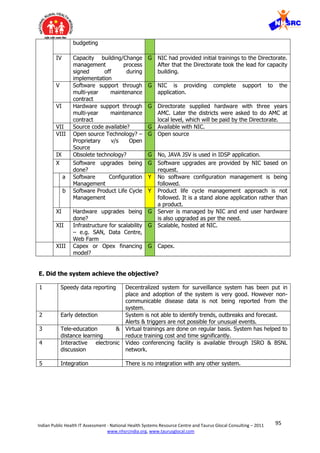 95Indian Public Health IT Assessment - National Health Systems Resource Centre and Taurus Glocal Consulting – 2011
www.nhsrcindia.org, www.taurusglocal.com
budgeting
IV Capacity building/Change
management process
signed off during
implementation
G NIC had provided initial trainings to the Directorate.
After that the Directorate took the lead for capacity
building.
V Software support through
multi-year maintenance
contract
G NIC is providing complete support to the
application.
VI Hardware support through
multi-year maintenance
contract
G Directorate supplied hardware with three years
AMC. Later the districts were asked to do AMC at
local level, which will be paid by the Directorate.
VII Source code available? G Available with NIC.
VIII Open source Technology? –
Proprietary v/s Open
Source
G Open source
IX Obsolete technology? G No, JAVA JSV is used in IDSP application.
X Software upgrades being
done?
G Software upgrades are provided by NIC based on
request.
a Software Configuration
Management
Y No software configuration management is being
followed.
b Software Product Life Cycle
Management
Y Product life cycle management approach is not
followed. It is a stand alone application rather than
a product.
XI Hardware upgrades being
done?
G Server is managed by NIC and end user hardware
is also upgraded as per the need.
XII Infrastructure for scalability
– e.g. SAN, Data Centre,
Web Farm
G Scalable, hosted at NIC.
XIII Capex or Opex financing
model?
G Capex.
E. Did the system achieve the objective?
1 Speedy data reporting Decentralized system for surveillance system has been put in
place and adoption of the system is very good. However non-
communicable disease data is not being reported from the
system.
2 Early detection System is not able to identify trends, outbreaks and forecast.
Alerts & triggers are not possible for unusual events.
3 Tele-education &
distance learning
Virtual trainings are done on regular basis. System has helped to
reduce training cost and time significantly.
4 Interactive electronic
discussion
Video conferencing facility is available through ISRO & BSNL
network.
5 Integration There is no integration with any other system.
 
