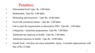 Penalties: 
• Substandard food: Upto Rs. 2.00 lakhs 
• Misbranded: Upto Rs. 3.00 lakhs 
• Misleading advertisement : Upto Rs. 10.00 lakhs 
• Food with extraneous matter: Upto Rs. 1.00 lakhs 
• Fail to meet the requirements as directed by FSO: Upto Rs. 2.00 lakhs 
• Unhygienic / unsanitary preparations: Upto Rs. 1.00 lakhs 
• Adulterant not injurious to health: Upto Rs. 2.00 lakhs 
• Adulterant injurious to health: Upto Rs. 10.00 lakhs 
• Unsafe food – but does not cause immediate injury : 6 months imprisonment with 
fine of Rs.1.0 lakh 
25 
 