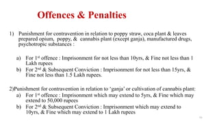 Offences & Penalties 
1) Punishment for contravention in relation to poppy straw, coca plant & leaves 
prepared opium, poppy, & cannabis plant (except ganja), manufactured drugs, 
psychotropic substances : 
a) For 1st offence : Imprisonment for not less than 10yrs, & Fine not less than 1 
Lakh rupees 
b) For 2nd & Subsequent Conviction : Imprisonment for not less than 15yrs, & 
Fine not less than 1.5 Lakh rupees. 
2)Punishment for contravention in relation to ‘ganja’ or cultivation of cannabis plant: 
a) For 1st offence : Imprisonment which may extend to 5yrs, & Fine which may 
extend to 50,000 rupees 
b) For 2nd & Subsequent Conviction : Imprisonment which may extend to 
10yrs, & Fine which may extend to 1 Lakh rupees 
51 
 