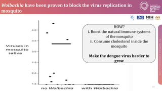 Wolbachia have been proven to block the virus replication in
mosquito
HOW?
i. Boost the natural immune systems
of the mosq...