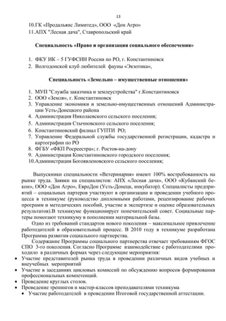 13
10.ГК «Продальянс Лимитед», ООО «Дон Агро»
11.АПХ "Лесная дача", Ставропольский край
Специальность «Право и организация социального обеспечения»
1. ФКУ ИК – 5 ГУФСИН России по РО, г. Константиновск
2. Волгодонской клуб любителей фауны «Экзотика»,
Специальность «Земельно – имущественные отношения»
1. МУП "Служба заказчика и землеустройства" г.Константиновск
2. ООО «Земля», г. Константиновск
3. Управление экономики и земельно-имущественных отношений Администра-
ции Усть-Донецкого района
4. Администрация Николаевского сельского поселения;
5. Администрация Стычновского сельского поселения;
6. Константиновский филиал ГУПТИ РО;
7. Управление Федеральной службы государственной регистрации, кадастра и
картографии по РО
8. ФГБУ «ФКП Росреестра»; г. Ростов-на-дону
9. Администрация Константиновского городского поселения;
10.Администрация Богоявленовского сельского поселения;
Выпускники специальности «Ветеринария» имеют 100% востребованность на
рынке труда. Заявки на специалистов: АПХ «Лесная дача», ООО «Кубанский бе-
кон», ООО «Дон Агро», ЕвроДон (Усть-Донецк, инкубатор). Специалисты предпри-
ятий – социальных партеров участвуют в организации и проведении учебного про-
цесса в техникуме (руководство дипломными работами, рецензирование рабочих
программ и методических пособий, участие в экспертизе и оценке образовательных
результатов).В техникуме функционирует попечительский совет. Социальные пар-
теры помогают техникуму в пополнении материальной базы.
Одно из требований стандартов нового поколения – максимальное привлечение
работодателей в образовательный процесс. В 2010 году в техникуме разработана
Программа развития социального партнерства.
Содержание Программы социального партнерства отвечает требованиям ФГОС
СПО 3-го поколения. Согласно Программе взаимодействие с работодателями про-
ходило в различных формах через следующие мероприятия:
 Участие представителей рынка труда в проведении различных видов учебных и
внеучебных мероприятий
 Участие в заседаниях цикловых комиссий по обсуждению вопросов формирования
профессиональных компетенций.
 Проведение круглых столов.
 Проведение тренингов и мастер-классов преподавателями техникума
 Участие работодателей в проведении Итоговой государственной аттестации.
 