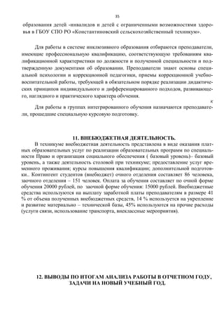 35
образования детей -инвалидов и детей с ограниченными возможностями здоро-
вья в ГБОУ СПО РО «Константиновский сельскохозяйственный техникум».
Для работы в системе инклюзивного образования отбираются преподаватели,
имеющие профессиональную квалификацию, соответствующую требованиям ква-
лификационной характеристики по должности и полученной специальности и под-
твержденную документами об образовании. Преподаватели знают основы специ-
альной психологии и коррекционной педагогики, приемы коррекционной учебно-
воспитательной работы, требующей в обязательном порядке реализации дидактиче-
ских принципов индивидуального и дифференцированного подходов, развивающе-
го, наглядного и практического характера обучения.
' к
Для работы в группах интегрированного обучения назначаются преподавате-
ли, прошедшие специальную курсовую подготовку.
11. ВНЕБЮДЖЕТНАЯ ДЕЯТЕЛЬНОСТЬ.
В техникуме внебюджетная деятельность представлена в виде оказания плат-
ных образовательных услуг по реализации образовательных программ по специаль-
ности Право и организация социального обеспечения ( базовый уровень)– базовый
уровень, а также деятельность столовой при техникуме; предоставление услуг вре-
менного проживания; курсы повышения квалификации; дополнительной подготов-
ки.. Контингент студентов (внебюджет) очного отделения составляет 86 человека,
заочного отделения – 151 человек. Оплата за обучения составляет по очной форме
обучения 20000 рублей, по заочной форме обучения: 15000 рублей. Внебюджетные
средства используются на выплату заработной платы преподавателям в размере 41
% от объема полученных внебюджетных средств, 14 % используется на укрепление
и развитие материально – технической базы, 45% используются на прочие расходы
(услуги связи, использование транспорта, внеклассные мероприятия).
12. ВЫВОДЫ ПО ИТОГАМ АНАЛИЗА РАБОТЫ В ОТЧЕТНОМ ГОДУ,
ЗАДАЧИ НА НОВЫЙ УЧЕБНЫЙ ГОД.
 