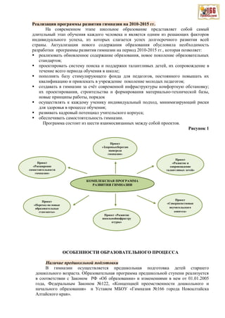 Реализация программы развития гимназии на 2010-2015 гг.
На современном этапе школьное образование представляет собой самый
длительный этап обучения каждого человека и является одним из решающих факторов
индивидуального успеха, из которых слагается успех долгосрочного развития всей
страны. Актуализация нового содержания образования обусловила необходимость
разработки программы развития гимназии на период 2010-2015 гг., которая позволяет:
 реализовать обновленное содержание образования, новое поколение образовательных
стандартов;
 проектировать систему поиска и поддержки талантливых детей, их сопровождение в
течение всего периода обучения в школе;
 пополнять базу стимулирующего фонда для педагогов, постоянного повышать их
квалификацию и привлекать в учреждение поколение молодых педагогов;
 создавать в гимназии за счёт современной инфраструктуры комфортную обстановку;
их проектирования, строительства и формирования материально-технической базы,
новые принципы работы, порядок
 осуществлять к каждому ученику индивидуальный подход, минимизирующий риски
для здоровья в процессе обучения;
 развивать кадровый потенциал учительского корпуса;
 обеспечивать самостоятельность гимназии.
Программа состоит из шести взаимосвязанных между собой проектов.
Рисунок 1
ОСОБЕННОСТИ ОБРАЗОВАТЕЛЬНОГО ПРОЦЕССА
Наличие предшкольной подготовки
В гимназии осуществляется предшкольная подготовка детей старшего
дошкольного возраста. Образовательная программа предшкольной ступени реализуется
в соответствии с Законом РФ «Об образовании» и изменениями в нем от 01.01.2005
года, Федеральным Законом №122, «Концепцией преемственности дошкольного и
начального образования» и Уставом МБОУ «Гимназия №166 города Новоалтайска
Алтайского края».
Проект «Развитие
школьнойинфрастру
ктуры»
Проект
«Совершенствован
иеучительского
корпуса»
Проект
«Переход на новые
образовательные
стандарты»
Проект
«Расширение
самостоятельности
гимназии»
Проект
«Развитие и
сопровождение
талантливых детей»
Проект
«Здоровьесберегаю
щаясреда
гимназии»
КОМПЛЕКСНАЯ ПРОГРАММА
РАЗВИТИЯ ГИМНАЗИИ
 