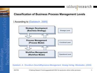 Classification of Business Process Management Levels According to  [Gadatsch, 2005] Gadatsch, A.: Grundkurs Geschäftsprozess-Management, Vieweg-Verlag, Wiesbaden, (2005).   