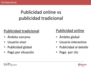 Comparativa


               Publicidad online vs
              publicidad tradicional

  Publicidad tradicional        Publicidad online
  •   Ámbito cercano            •   Ámbito global
  •   Usuario visor             •   Usuario interactivo
  •   Publicidad global         •   Publicidad al detalle
  •   Pago por situación        •   Pago por clic
 