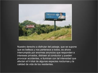 Nuestro derecho a disfrutar del paisaje, que se supone que es belleza y nos pertenece a todos, es ahora interrumpido por enormes anuncios que responden a intereses privados, distraen al conductor y pueden provocar accidentes, e iluminan con tal intensidad que afectan el hábitat de algunas especies nocturnas y la calidad de vida de los residentes.  