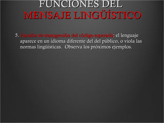 FUNCIONES DEL  MENSAJE LINGÜÍSTICO 5.  función de transgresión del código esperado : el lenguaje aparece en un idioma diferente del del público, o viola las normas lingüísticas.   Observa los próximos ejemplos.  