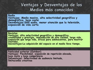 Ventajas y Desventajas de los
Medios más conocidos
Radio
Ventajas: Medio masivo, alta selectividad geográfica y
demográfica, bajo coste
Desventajas:Sólo audio, menor atención que la televisión,
exposición de vida corta
Revistas
Ventajas: Alta selectividad geográfica y demográfica,
credibilidad y prestigio, reproducción de alta calidad, larga vida,
exposición que larga vida, eficaz para adolescentes, para mostrar
Vestidos.
Desventajas:La adquisición del espacio en el medio lleva tiempo.
Publicidad exterior (Outdoor)
Ventajas: Flexibilidad, exposición de repetición elevada,
bajo coste y baja competencia
Desventajas: Selectividad de audiencia limitada,
limitaciones creativas

 