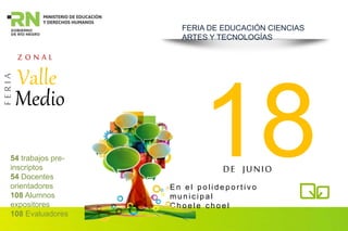 FERIA DE EDUCACIÓN CIENCIAS
ARTES Y TECNOLOGÍAS
FERIA
Valle
Z O N A L
Medio
DE JUNIO
E n e l p o l i d e p o r t i v o
m u n i c i p a l
C h o e l e c h o e l
54 trabajos pre-
inscriptos
54 Docentes
orientadores
108 Alumnos
expositores
108 Evaluadores
 