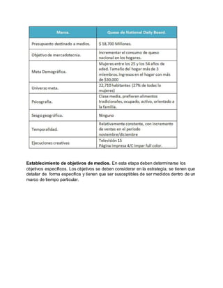 Establecimiento de objetivos de medios. En esta etapa deben determinarse los
objetivos específicos. Los objetivos se deben considerar en la estrategia, se tienen que
detallar de forma específica y tienen que ser susceptibles de ser medidos dentro de un
marco de tiempo particular.
 
