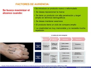 FACTORES DE AUDIENCIA: Se busca maximizar el alcance cuando: Se introduce un producto nuevo o reformulado Se desea reposicionar la marca Se tiene un producto con alta penetración y  target  amplio en términos demográficos Se desea mantener  awarness El producto tiene un ciclo de compara amplio La creatividad es muy memorable y no necesita mucha repetición Fuente: Primer Estudio de Extensión de Alcance en Internet para los principales Targets Comerciales, KMR Group, 2006 