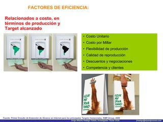 FACTORES DE EFICIENCIA: Relacionados a costo, en términos de producción y Target alcanzado Costo Unitario Costo por Millar Flexibilidad de producción Calidad de reproducción Descuentos y negociaciones Competencia y clientes Fuente: Primer Estudio de Extensión de Alcance en Internet para los principales Targets Comerciales, KMR Group, 2006 