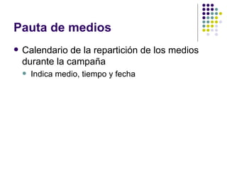 Pauta de medios Calendario de la repartici ón de los medios durante la campaña Indica medio, tiempo y fecha 