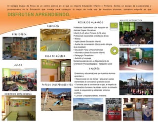 El Co l e g i o Du q u e d e R i va s e s u n ce n t ro p ú b l i co e n e l q u e se i mp a rt e Ed u ca ci ó n I n f a n t i l y Pri ma ri a . So mo s u n e q u i p o d e e sp e ci a l i st a s y
  p ro f e si o n a l e s d e l a E d u ca ci ó n q u e t ra b a j a p a ra co n se g u i r l o me j o r de ca d a u n o d e n u e st ro s a l u mn o s, p o n i e n d o e mp e ñ o e n q u e


  DISFRUTEN APRENDIENDO.
                                                                                                                                                            AULA DE INFORMATICA
                                                                                                  RE CU RSO S HU M AN O S
                                                        PABE L L O N
                                                                                            Profesores Especialistas y de Apoyo en las
                                                                                            distintas Etapas Educativas:
                                                                                            Infantil (3-4-5 años) Primaria (6-12 años)
        BIBL IO TE CA
                                                                                            Profesorado especialista en todas las áreas:
                                                                                            • Música
                                                                                            • Inglés (desde Educación Infantil)
                                                                                            • Auxiliar de conversación (Único centro bilingüe
                                                                                                                                                            PIZARRAS DIGITALES
                                                                                            de la localidad)
                                                                                            • Educación Física y Psicomotricidad
                                                                                            • Informática (desde Educación infantil)
                                                     AU L A D E M Ú SIC A                   • Pedagogía Terapéutica
                                                                                            • Audición y Lenguaje
                                                                                            Contamos además con un Departamento de
                                                                                            Orientación Psicopedagógico y trabajador social
           AU L A S
                                                                                                                 V AL O RE S
                                                                                                         .
                                                                                   Queremos y educamos para que nuestros alumnos
                                                                                   aprendan a:
                                                                                   • Relacionarse con los demás y adquieran pautas
                                                                                   elementales de convivencia y relación social.
                                                 PAT IO S IN D E PE N D I E N TE S • Formarse para la convivencia en paz, el respeto de
                                                                                   los derechos humanos, la vida en común, la cohesión
                                                                                   social, la cooperación y solidaridad entre los
                                                                                   pueblos…
CO M E D O R CO N CO CI N A
                                                                                   • Conocer y respetar el Medio Ambiente.
            PRO
 