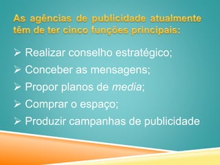  Realizar conselho estratégico;
 Conceber as mensagens;
 Propor planos de media;
 Comprar o espaço;
 Produzir campanhas de publicidade
 