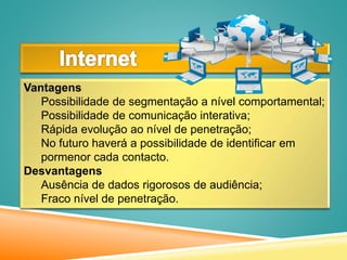 Vantagens
Possibilidade de segmentação a nível comportamental;
Possibilidade de comunicação interativa;
Rápida evolução ao nível de penetração;
No futuro haverá a possibilidade de identificar em
pormenor cada contacto.
Desvantagens
Ausência de dados rigorosos de audiência;
Fraco nível de penetração.
 