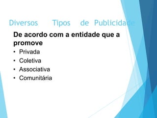 De acordo com a entidade que a
promove
• Privada
• Coletiva
• Associativa
• Comunitária
Diversos Tipos de Publicidade
 