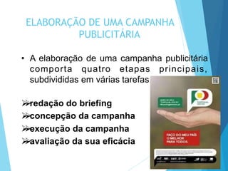 ELABORAÇÃO DE UMA CAMPANHA
PUBLICITÁRIA
• A elaboração de uma campanha publicitária
comporta quatro etapas principais,
subdivididas em várias tarefas.
redação do briefing
concepção da campanha
execução da campanha
avaliação da sua eficácia
 