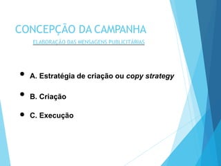 A. Estratégia de criação ou copy strategy
B. Criação
C. Execução
CONCEPÇÃO DA CAMPANHA
ELABORAÇÃO DAS MENSAGENS PUBLICITÁRIAS
 
