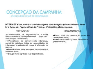 INTERNET É um meio bastante abrangente com múltiplas potencialidades. Pode
ter a forma de: Página oficial do Produto; Webmailing, Redes sociais.
obter umacomportamental, e consequentemente
comunicação «one to one»;
Possibilidade de comunicação interativa,
permitindo satisfazer todas as necessidades de
informação, e podendo até chegar à efetivação da
compra;
Possibilidade de retirar vantagens da associação a
diferentes áreas;
Evoluçãomuito rápida do nível de penetração.
Fraco nível de penetração (mas em
crescente evolução);
Ausênciade dados rigorosos de audiência
(presentemente).
VANTAGENS DESVANTAGENS
Possibilidade de segmentação a nível
CONCEPÇÃO DA CAMPANHA
ESCOLHA DOS CANAIS DE COMUNICAÇÃO
 