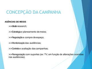 AGÊNCIAS DE MEIOS
Media research;
Estratégiae planeamento demeios;
Negociação e compra deespaço;
Monitorizaçãodas audiências;
Controloe avaliação das campanhas;
Renegociação com suportes (ex: TV; em função de alterações ocorridas
nas audiências).
CONCEPÇÃO DA CAMPANHA
 