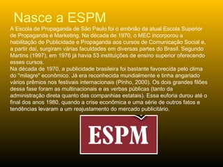 A Escola de Propaganda de São Paulo foi o embrião da atual Escola Superior de Propaganda e Marketing. Na década de 1970, o MEC incorporou a habilitação de Publicidade e Propaganda aos cursos de Comunicação Social e, a partir daí, surgiram várias faculdades em diversas partes do Brasil. Segundo Martins (1997), em 1976 já havia 53 instituições de ensino superior oferecendo esses cursos.  Na década de 1970, a publicidade brasileira foi bastante favorecida pelo clima do "milagre" econômico. Já era reconhecida mundialmente e tinha angariado vários prêmios nos festivais internacionais (Pinho, 2000). Os dois grandes filões dessa fase foram as multinacionais e as verbas públicas (tanto da administração direta quanto das companhias estatais). Essa euforia durou até o final dos anos 1980, quando a crise econômica e uma série de outros fatos e tendências levaram a um reajustamento do mercado publicitário.  Nasce a ESPM 