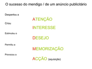 O sucesso do mendigo / de um anúncio publicitário Despertou a   A TENÇÃO Criou  I NTERESSE Estimulou o   D ESEJO Permitiu a  M EMORIZAÇÃO Provocou a   A CÇÃO   (aquisição) 